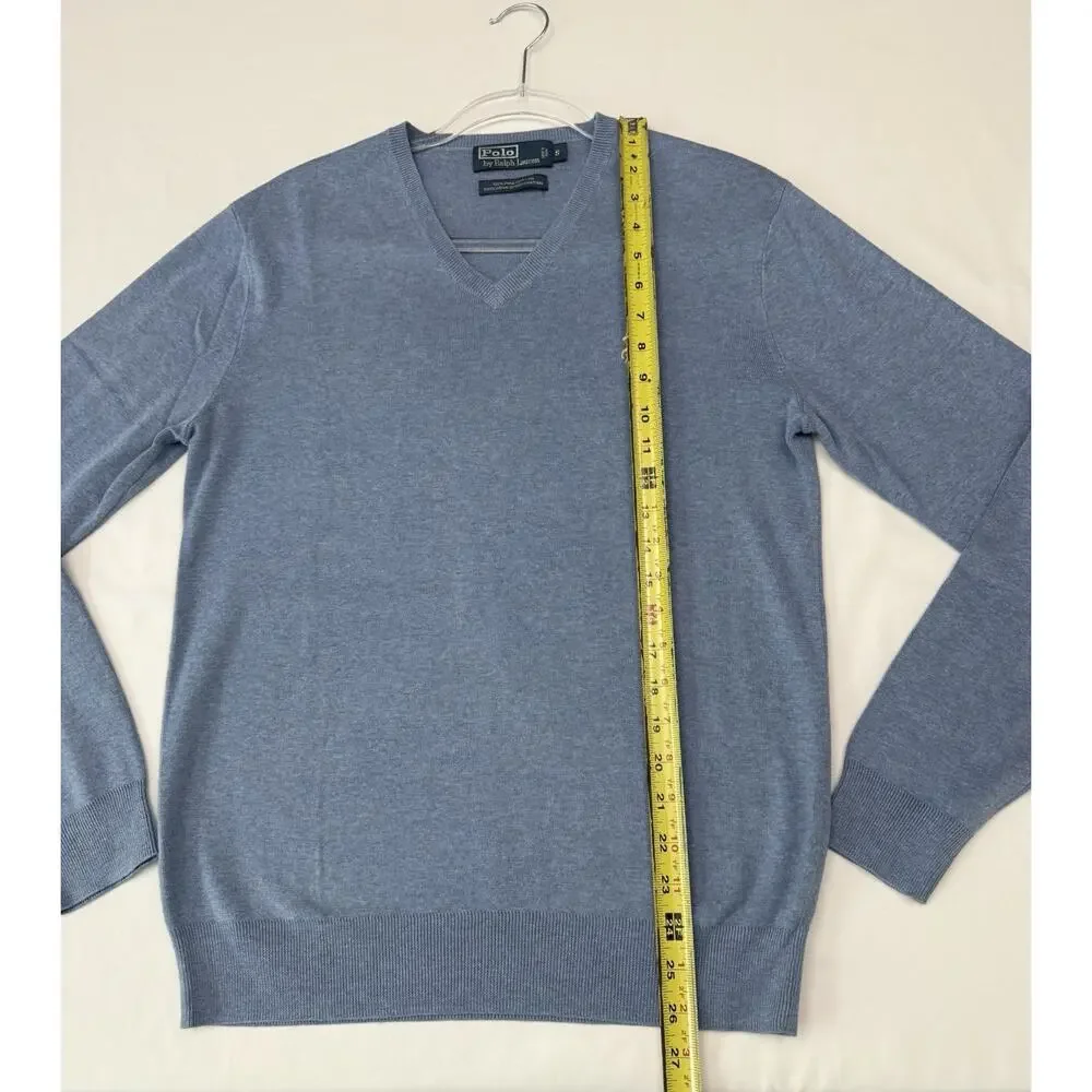 Polo Ralph Lauren Pima Cotton V Neck Sweater Blue Mens Small Yellow Pony